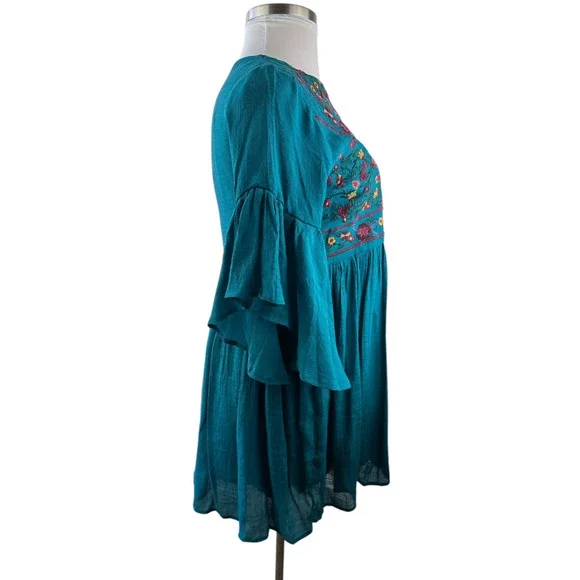 NWT Umgee Floral Embroidered Bell Sleeve Mini Dress Blue Boho Festival Medium - Picture 14 of 16